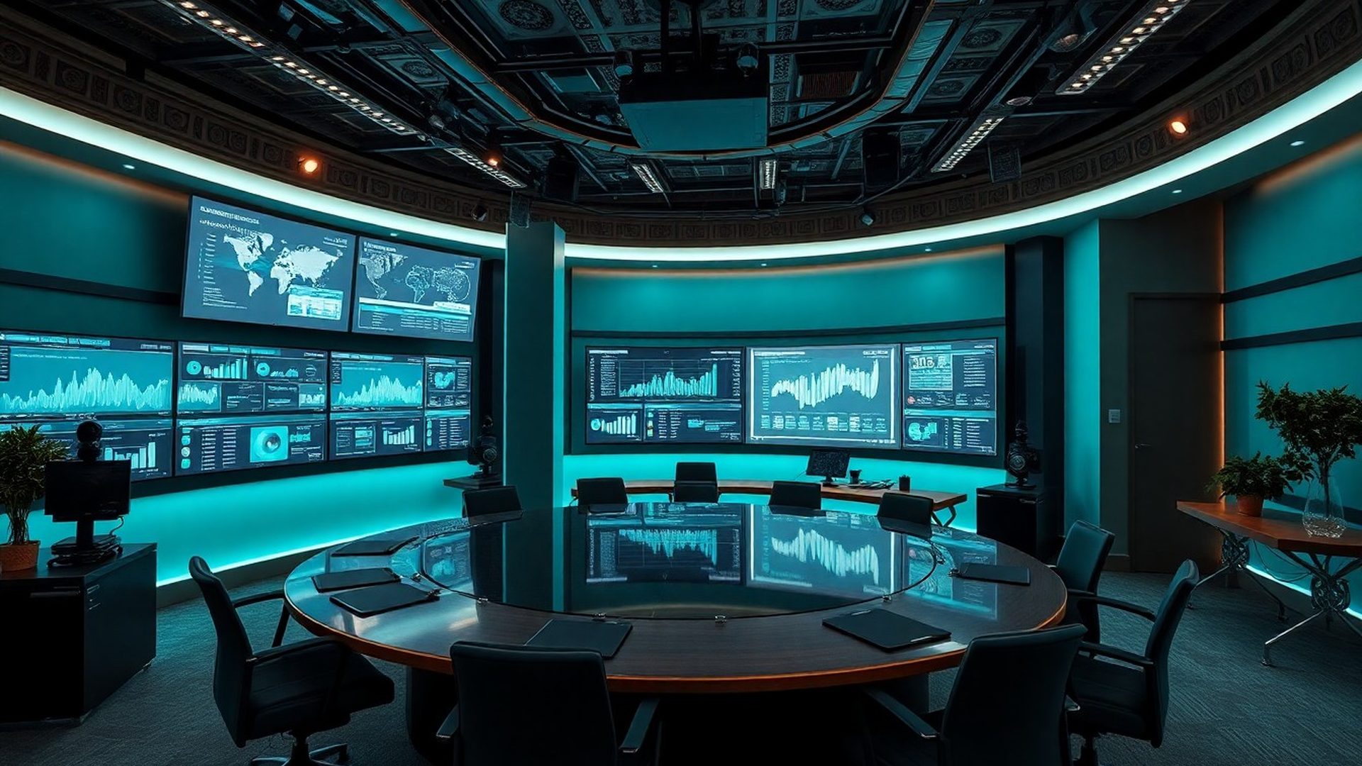 Redakce Český Studio s datovými vizualizacemi na obrazovkách